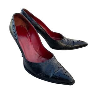 Vintage Yves Saint Laurent Women Black Brogue Pointed Toe Heeled Pump Size 6M
